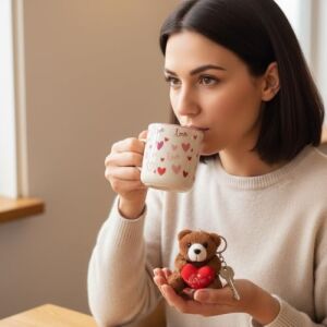Ayıcık Peluş Anahtarlıklı Porselen Kupa Seti - 380 ml Kutulu Hediye - 4 Farklı Modelden Biri (Sürpriz/asorti) - Sevimli Ayı Figürlü Bardak ve Anahtarlık