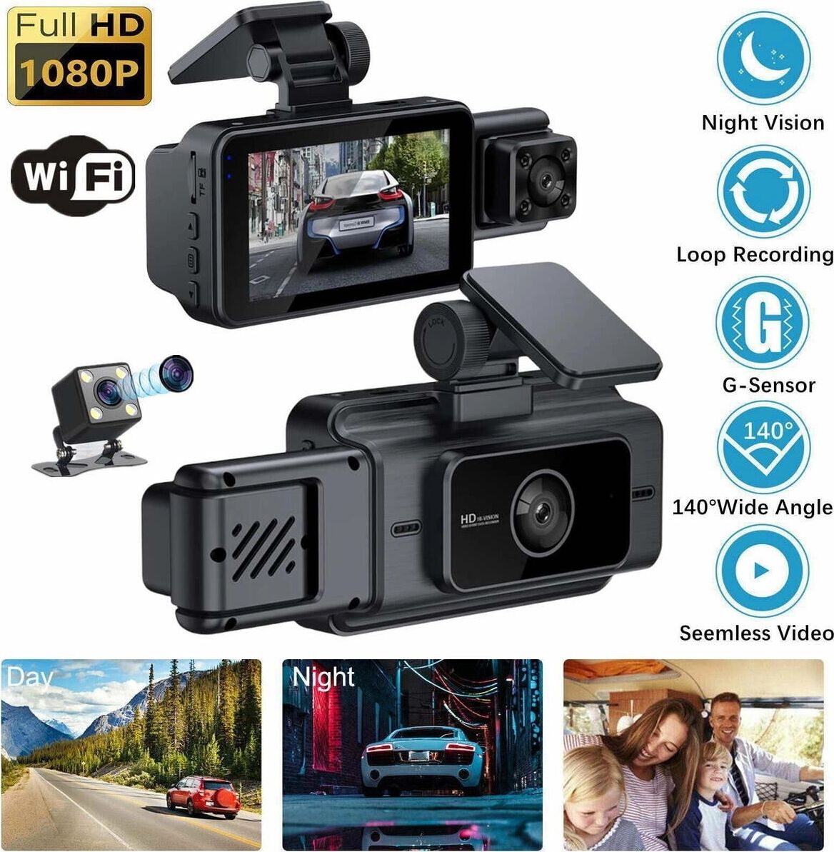 1080P Çözünürlüklü Gece Görüşlü 3 Kameralı Araç Içi Video Kayıt ve Park Monitörü