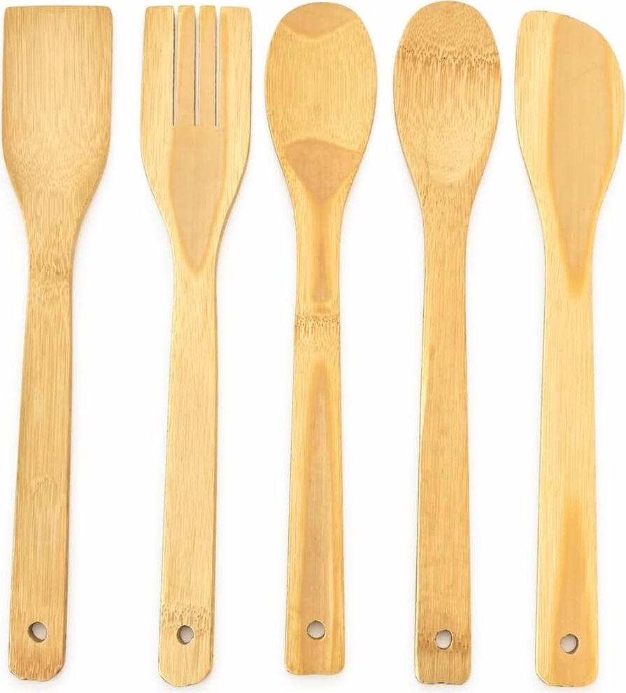 5 Parça Bambu Mutfak Kaşık Seti –%100 Doğal, Çizilmeye Karşı Korumalı, Isıya Dayanıklı, Hafif, Ergonomik, Tencere ve Tavalar ile Uyumlu, Sağlıklı ve Çevre Dostu Premium Set