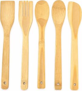 5 Parça Bambu Mutfak Kaşık Seti –%100 Doğal, Çizilmeye Karşı Korumalı, Isıya Dayanıklı, Hafif, Ergonomik, Tencere ve Tavalar ile Uyumlu, Sağlıklı ve Çevre Dostu Premium Set