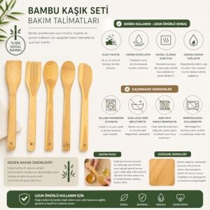 5 Parça Bambu Mutfak Kaşık Seti –%100 Doğal, Çizilmeye Karşı Korumalı, Isıya Dayanıklı, Hafif, Ergonomik, Tencere ve Tavalar ile Uyumlu, Sağlıklı ve Çevre Dostu Premium Set