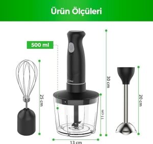 KC-8219H Güçlü 500W Siyah El  Seti – Parçalama ve Çırpma Deneyimi, Paslanmaz Çelik Bıçaklı 500 ml Hazne