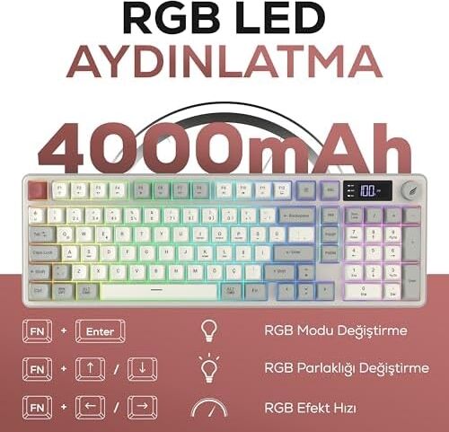 Hawk Gaming HK258 Membrane LCD Rgb Kablosuz/bluetooth Siyah Turuncu Full Türkçe Gaming Klavye (Kırmızı Haki)