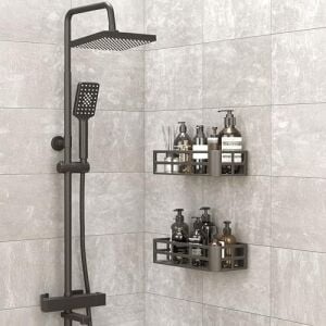 2'li Set Siyah Yapışkanlı Banyo Duş Rafı - 27X12 cm Matkapsız Montaj Şampuanlık ve Mutfak Baharatlık Organizeri