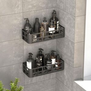 2'li Set Siyah Yapışkanlı Banyo Duş Rafı - 27X12 cm Matkapsız Montaj Şampuanlık ve Mutfak Baharatlık Organizeri