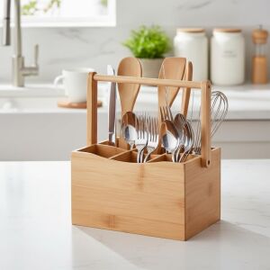 Bambu Taşıma Kulplu Çok Amaçlı Düzenleyici - 6 Bölmeli Çatal Bıçaklık | Ofis, Banyo ve Masaüstü Caddy Organizer (21.6X14X12.7 Cm)
