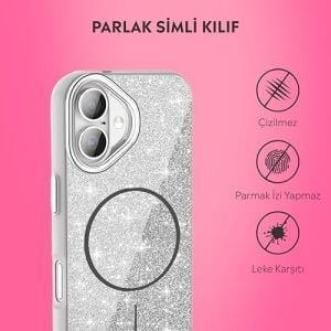 iPhone Kılıf M-Safe Şarj Özellikli Parlayan Simli Sararmaz Kılıf (Gümüş, iPhone 16)