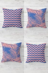 Zigzag ve Tropikal Yaprak Desenli Gizli Fermuarlı Kırlent Kılıfı Koltuk Yastık Kılıfı TAKIM(4ADET), Pembe-Mavi 45 x 45