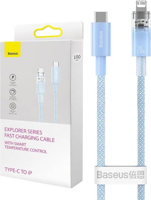 Explorer Serisi Hızlı Şarj Kablosu Akıllı Sıcaklık Kontrolü Type-C To Ip 20W, 1m, Mavi