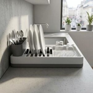 Tezgah Üstü Bulaşık Kurutmalık, Çok Bölmeli Tabak ve Bardak Düzenleyici, Kaşıklıklı Mutfak Organizer 42 cm
