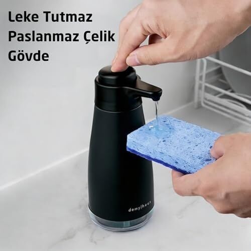 Sense Touch Manuel Pompalı Sıvı Sabunluk | Paslanmaz Çelik | 450ML Şeffaf Seviye Bölmesi | Parmak Izi Bırakmaz | Banyo ve Mutfak | Siyah