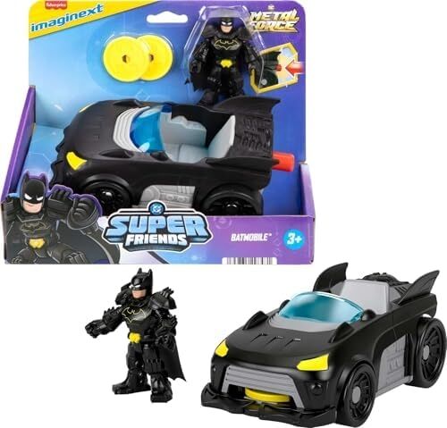 Imaginext Dc Super  Metal Force Batmobile Oyuncak Araba, 3 Inç Batman Aksiyon Figürü ve Aksesuar Seti, Başlatıcı ve 2 Disk Dahil