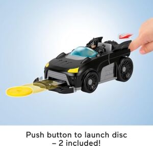 Imaginext Dc Super  Metal Force Batmobile Oyuncak Araba, 3 Inç Batman Aksiyon Figürü ve Aksesuar Seti, Başlatıcı ve 2 Disk Dahil