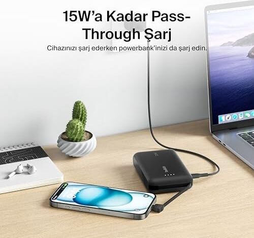 Power Bank, Entegre Kablolu Taşınabilir Şarj Cihazı 10K Pd 20W - Usb-C Güç Dağıtımı, Power Bank 17 Serisi, iPad Pro, Galaxy S25 ve Daha Fazlası Için Hızlı Şarj