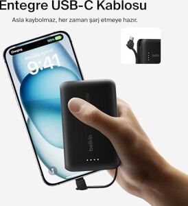 Power Bank, Entegre Kablolu Taşınabilir Şarj Cihazı 10K Pd 20W - Usb-C Güç Dağıtımı, Power Bank 17 Serisi, iPad Pro, Galaxy S25 ve Daha Fazlası Için Hızlı Şarj