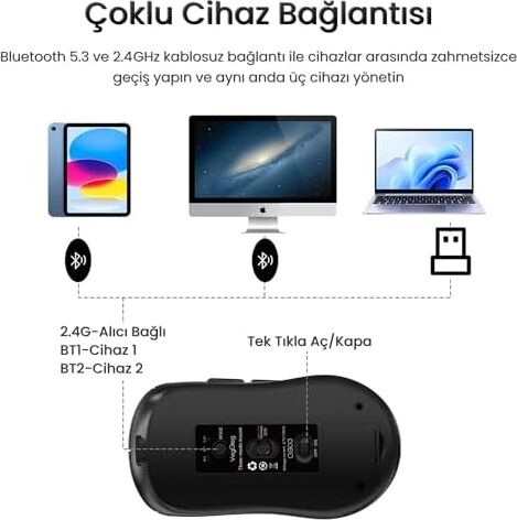 G900 Dual-Mode Bluetooth 5.3 ve 2.4ghz 3600DPI Ekranlı Şarjlı Optik Kablosuz Mouse Siyah