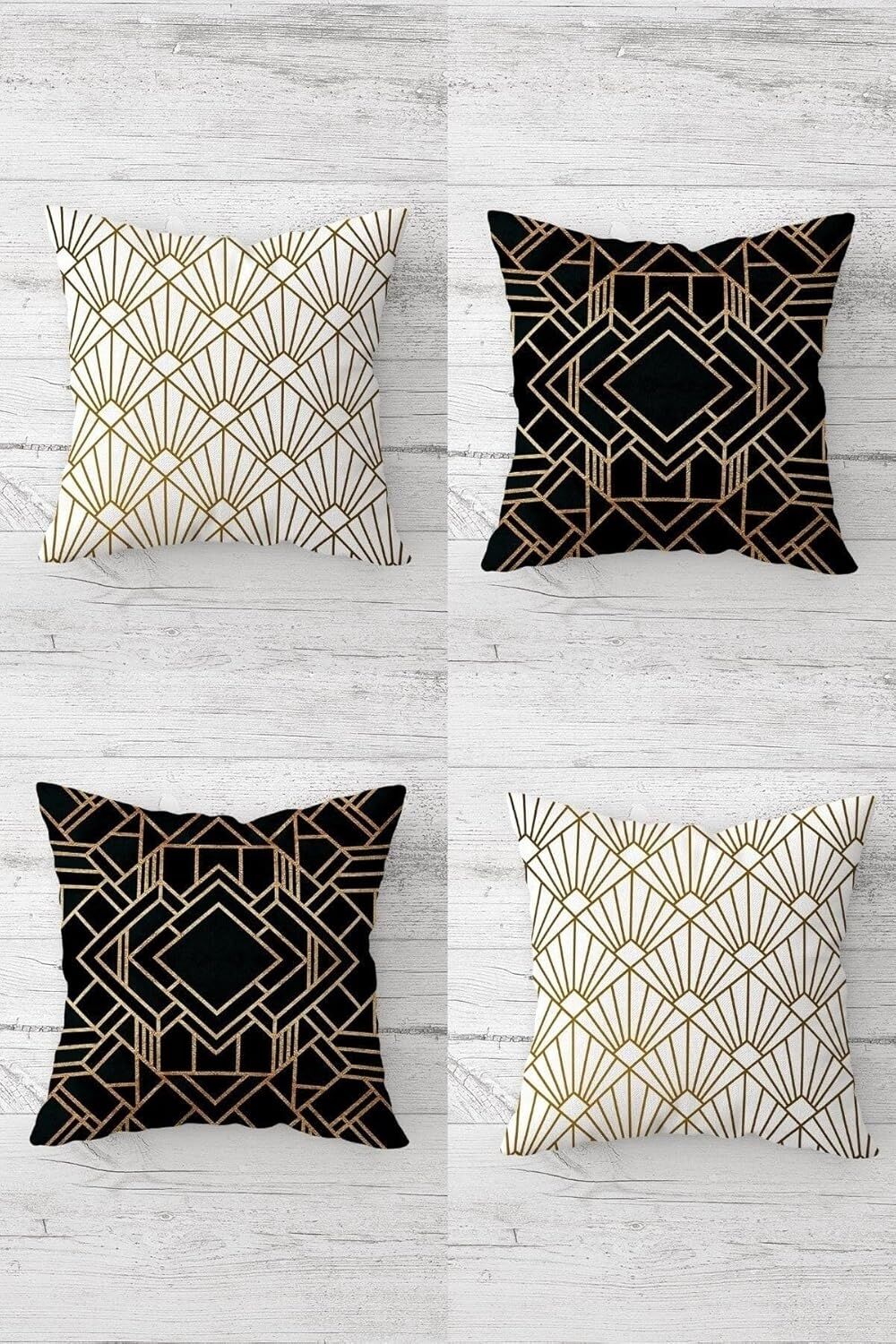 Gold Geometrik Çizgili Kombin Gizli Fermuarlı Kırlent Kılıfı Koltuk Yastık Kılıfı TAKIM(4ADET), Gold-Siyah-Beyaz 45 x 45