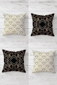 Gold Geometrik Çizgili Kombin Gizli Fermuarlı Kırlent Kılıfı Koltuk Yastık Kılıfı TAKIM(4ADET), Gold-Siyah-Beyaz 45 x 45