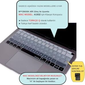 MacBook Klavye Koruyucu Türkçe Q Silikon | A1932 A2179 A2337 M1 Uyumlu |ters L Enter Siyah Gri