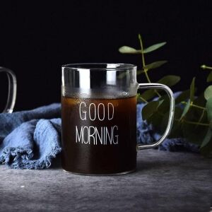 Büyük Boy Good Morning Cam Kupa Kulplu Bardak Borosilikat Isıya Dayanıklı Cam Kupa 450 ml