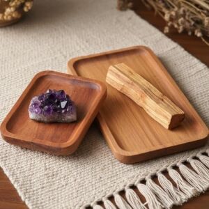 2'li Doğal Akasya Ahşap Dikdörtgen Servis Tabağı ve Çerezlik Seti – 12X9 cm ve 20X11 cm Kahve Yanı Sunumluk, Sushi ve Meze Tepsisi (Ikili Takım)