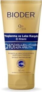 Bioder Yaşlanma Karşıtı El Bakım Kremi 50 ml – Spf 15 Koruma, Alfa Arbutin, Koenzim Q10, Kolajen ve C Vitamini Içerikli Nemlendirici