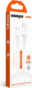 Android Uyumlu 2 Metre Type-C To USB Kablo – 3.4A Hızlı Şarj ve Veri Aktarımı, Beyaz | Onopo Q4