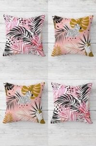 Zebra ve Tropikal Yaprak Desenli Gizli Fermuarlı Kırlent Kılıfı Koltuk Yastık Kılıfı TAKIM(4ADET), Pembe 45 x 45