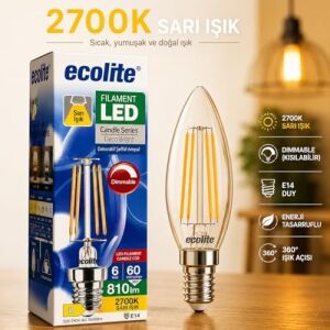 Filament LED Mum Ampul E14 Duy 6W 810 Lümen Dim Edilebilir 2700K Sarı Işık Şeffaf Dekoratif Vintage Ampul 60W Eşdeğer C35 Candle Series (3)