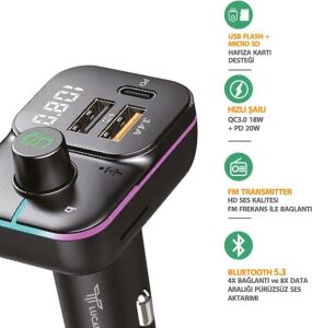USB Flash + Hafıza Kart Uyumlu Fm Transmitter - Araç Şarjı ve Bluetooth Kiti