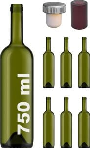 750 ml Yeşil Şarap Şişesi Sentetik Mantar Tıpalı ve Kapüşonlu Boş Çukur Cam Şişe 6 Adet