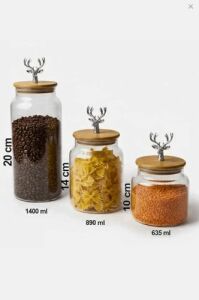 3'lü Bambu Kapaklı Gümüş Geyik Figürlü Şeffaf Cam Kavanoz Şeffaf Cam Saklama Kabı 635/890/1400ML