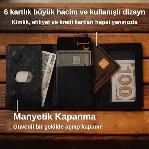 iPhone ile Uyumlu Magsafe Özellikli Cüzdan Vegan Deri Güçlü Mıktanıs 6 Kart Hazneli Kartlık (Siyah)