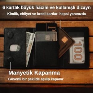 iPhone ile Uyumlu Magsafe Özellikli Cüzdan Vegan Deri Güçlü Mıktanıs 6 Kart Hazneli Kartlık (Siyah)