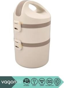 Bento 1800ML Lunchbox 2 Katlı 4-6 Saat Sıcak/soğuk Termos Özellikli Çelik Sefer Tası Yemek Kutusu (Bej)