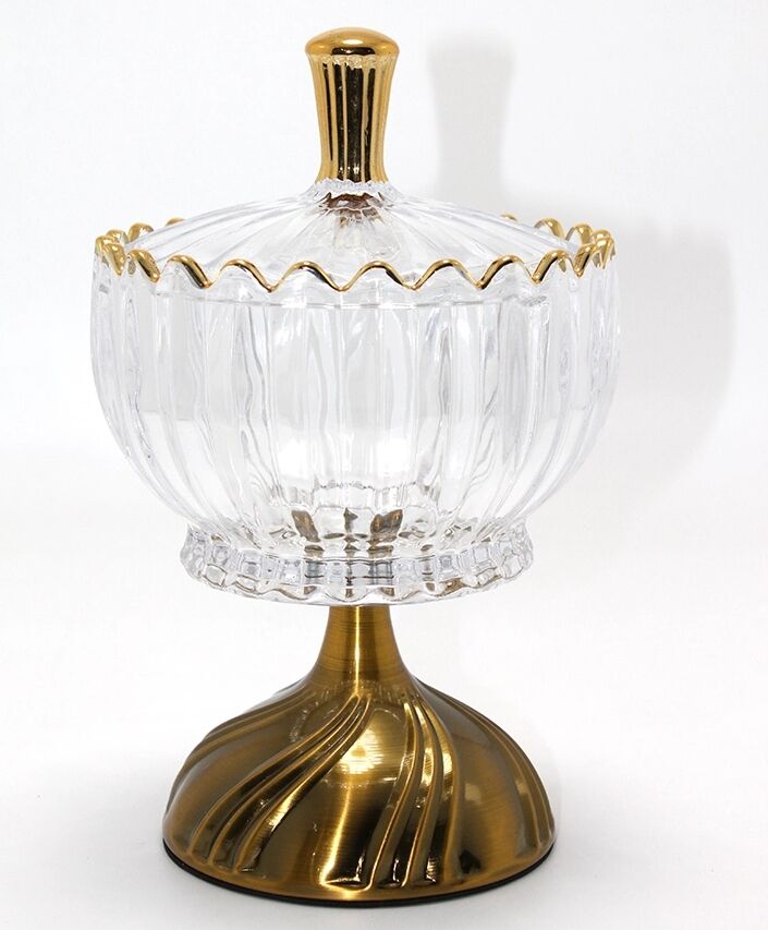 Metal Ayaklı Kristal Cam Şekerlik Gold Detaylı Sunumluk