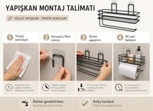 Yapışkanlı Siyah Raflı Solo Havlu Askısı, Delmeden Montaj Banyo ve Mutfak Duvar Tipi Havluluk Organizer