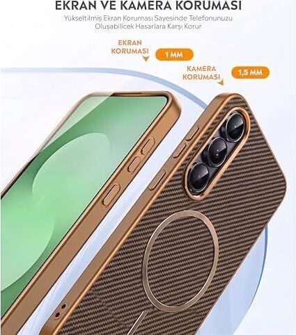 Karbon Fiber Desenli Manyetik Telefon Kılıfı Şık Tasarım Darbe Emici Kamera Korumalı (Çöl Titanyum, A51)