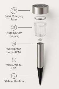 Güneş Enerjili Bahçe Lambası Seti, 10 Adet, Su Geçirmez Plastik, LED Aydınlatmalı, Dış Mekan, Dekoratif Solar Lamba, Otomatik Şarjlı, Geceleri Işıklı, Bahçe Yolu Lambası