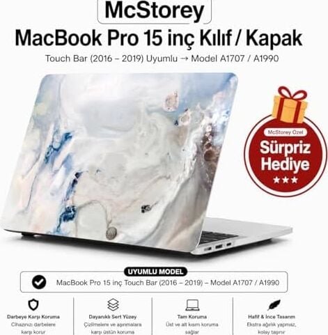 MacBook Pro 15 Mermer Desenli Kılıf A1707 A1990 Uyumlu Baskılı Sert Kılıf Ince Hafif Koruyucu Kapak R-39