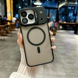 iPhone 17 Pro Max Uyumlu Kamera Lens Aparatlı Stand Olabilen Magsafe ile Uyumlu Kamera Korumalı Şeffaf Full Color Magnetic Wireless Telefon Kılıfı Siyah