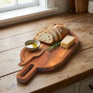 Doğal Akasya Ahşap Oval Peynir ve Sunum Tahtası – 30X14 cm Saplı Servis Tepsisi, Yanında Özel Ahşap Peynir Bıçağı Ile (2 Parça Set)