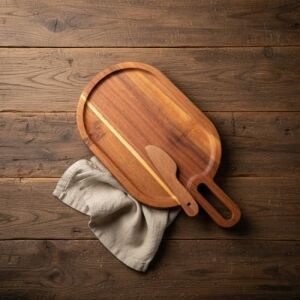 Doğal Akasya Ahşap Oval Peynir ve Sunum Tahtası – 30X14 cm Saplı Servis Tepsisi, Yanında Özel Ahşap Peynir Bıçağı Ile (2 Parça Set)
