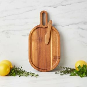 Doğal Akasya Ahşap Oval Peynir ve Sunum Tahtası – 30X14 cm Saplı Servis Tepsisi, Yanında Özel Ahşap Peynir Bıçağı Ile (2 Parça Set)