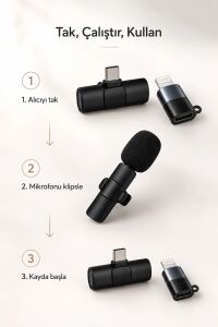 Kablosuz Yaka Mikrofonu Usb-C ve Lightning Uyumlu Tak Çalıştır Telefon Kayıt Mikrofonu