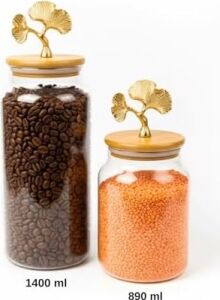 2’li Altın Metal Ginkgo Figürlü Bambu Kapaklı Cam Kavanoz – Saklama Kabı 1400ML + 890 ml