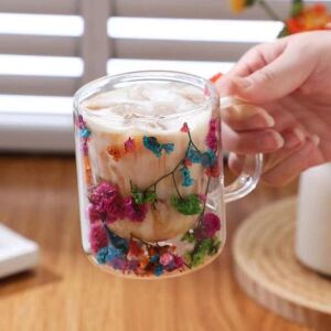 300ML Çift Cidarlı Çiçekli Kupa – Isıya Dayanıklı Çift Katmanlı Cam Çay & Kahve Kupası | Şık ve Ergonomik Tasarım