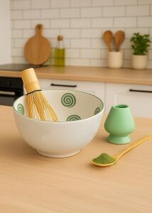 Matchiva Seramik Matcha Çay Seti, 4 Parça, Yeşil Boyalı, Geleneksel Japon Tasarımı, Bambu Çırpıcı ve Stand, 290CC Kase