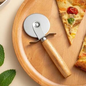 Paslanmaz Çelik Ahşap Saplı Pizza Dilimleyici, Yuvarlak Pizza Kesici Bıçak, Hamur ve Waffle Kesici, Ergonomik Tasarım