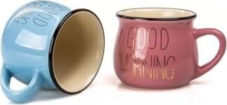 2'li Emaye Görünümlü Porselen Kupa Seti Good Morning Gold Yazılı 150 Ml,pembe & Mavi